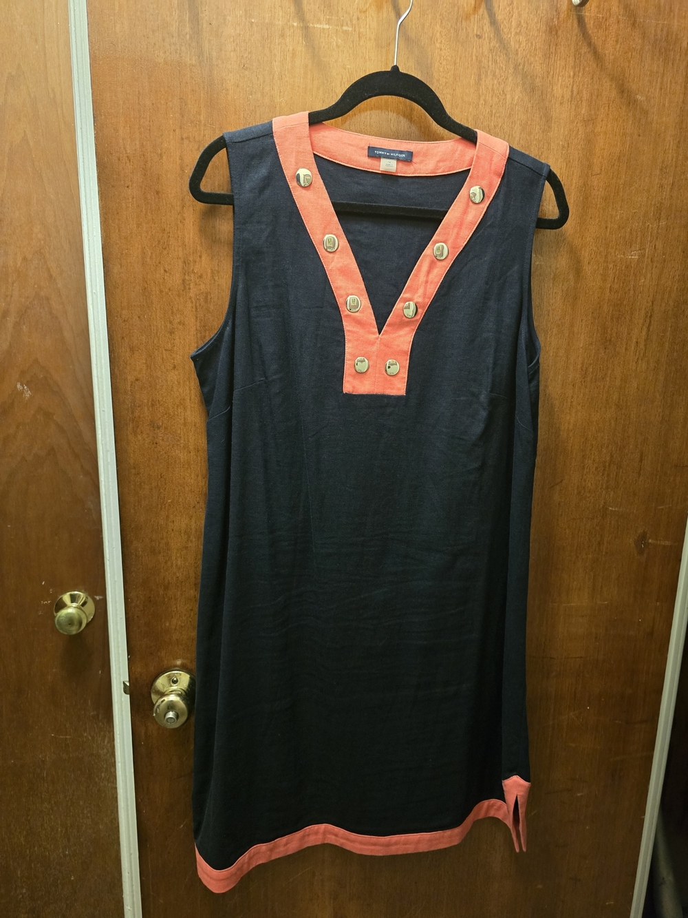 Tommy Hilfiger Navy Shift Dress with Coral Trim and Gold Buttons